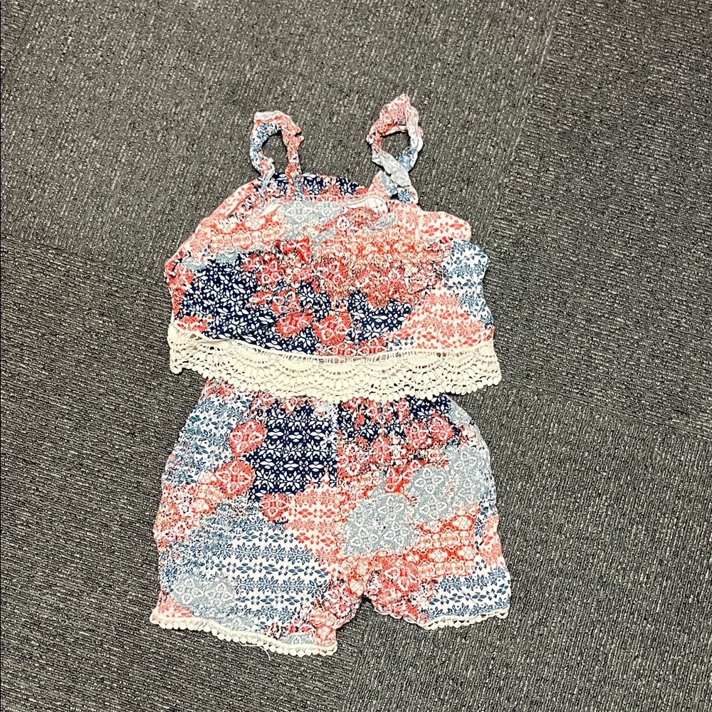 Justice Coral, Navy & Light Blue Floral Crochet-Trim Romper